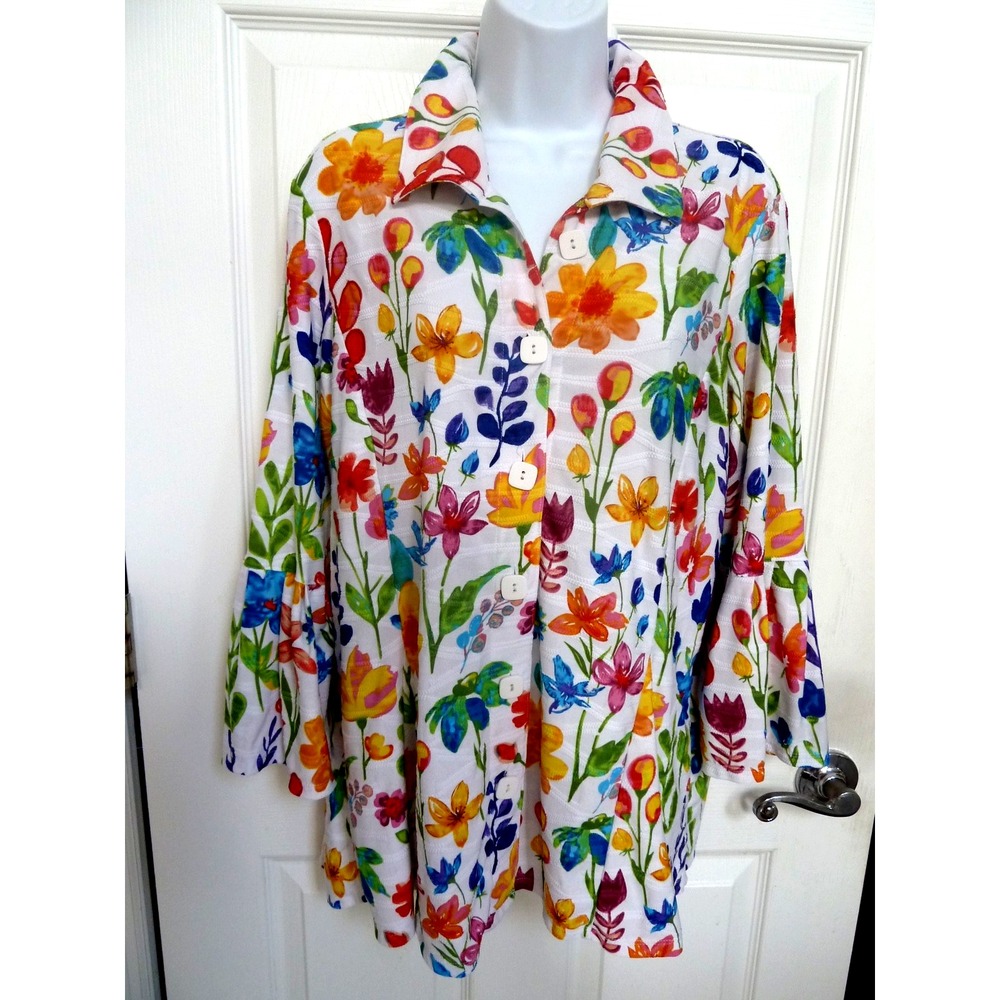 ALI MILES Sz Med 10/12 Ruffled Sleeves Colorful Floral Blouse Button-Up Textured